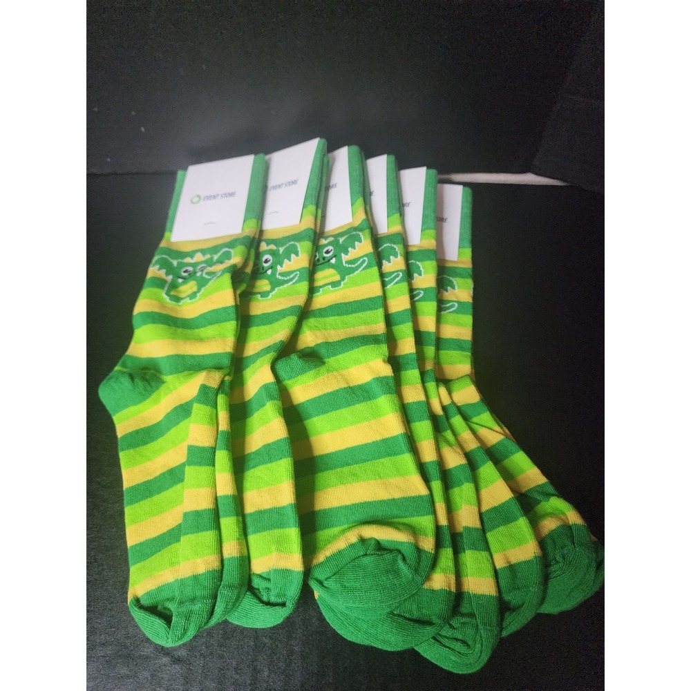 Sock Club Green Yellow Striped Monster Dragon Crew Socks Lot of 6 Pairs NEW
